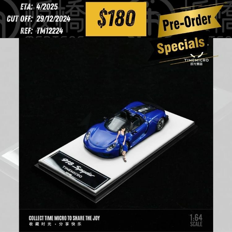 PO-$180 * TIME MICRO * 1:64 PORSCHE 918 SPYDER DARK BLUE W/FIGURE [OD22/12]