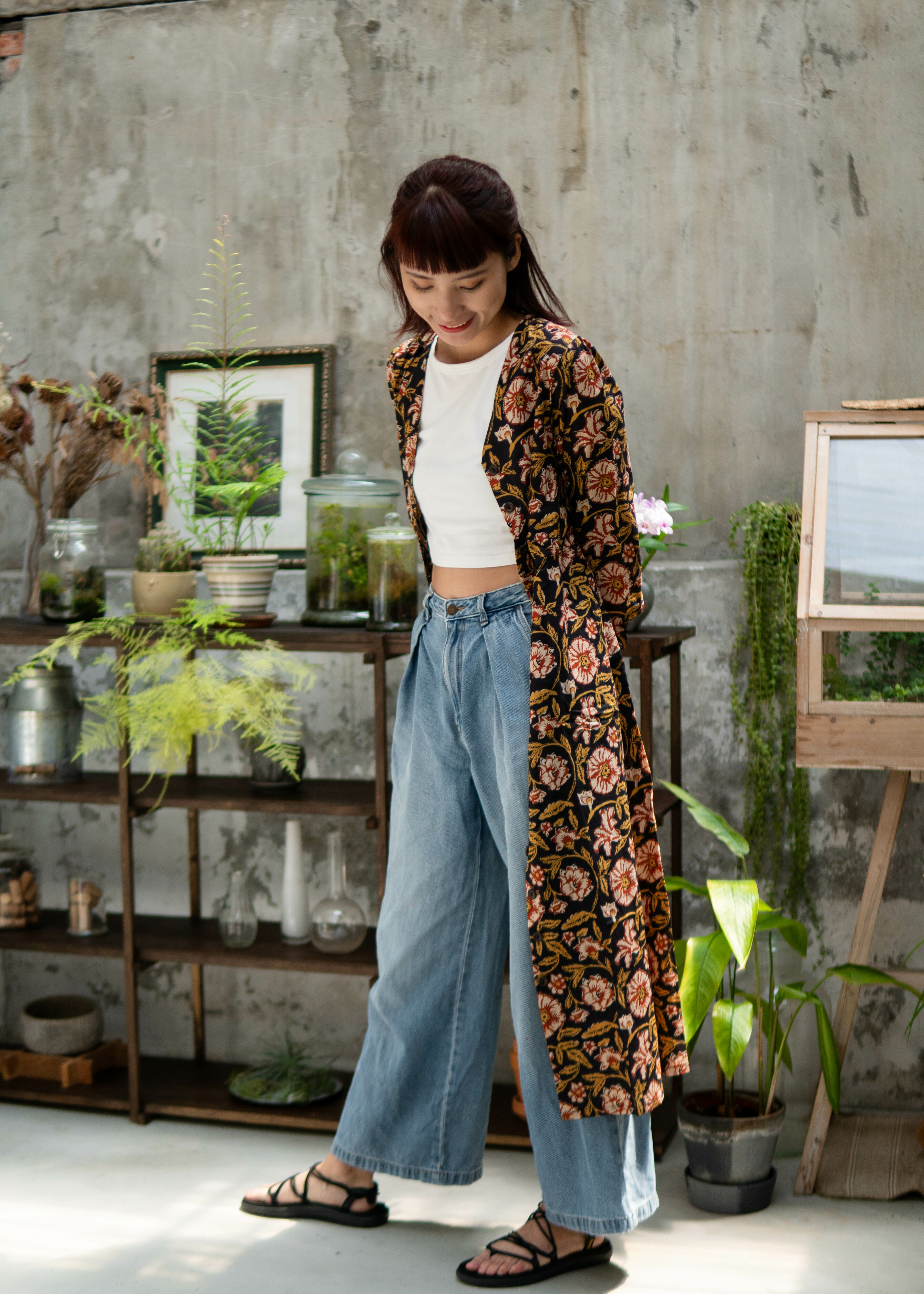 印度蓋染工藝純棉 七分袖洋裝 - 扶桑花