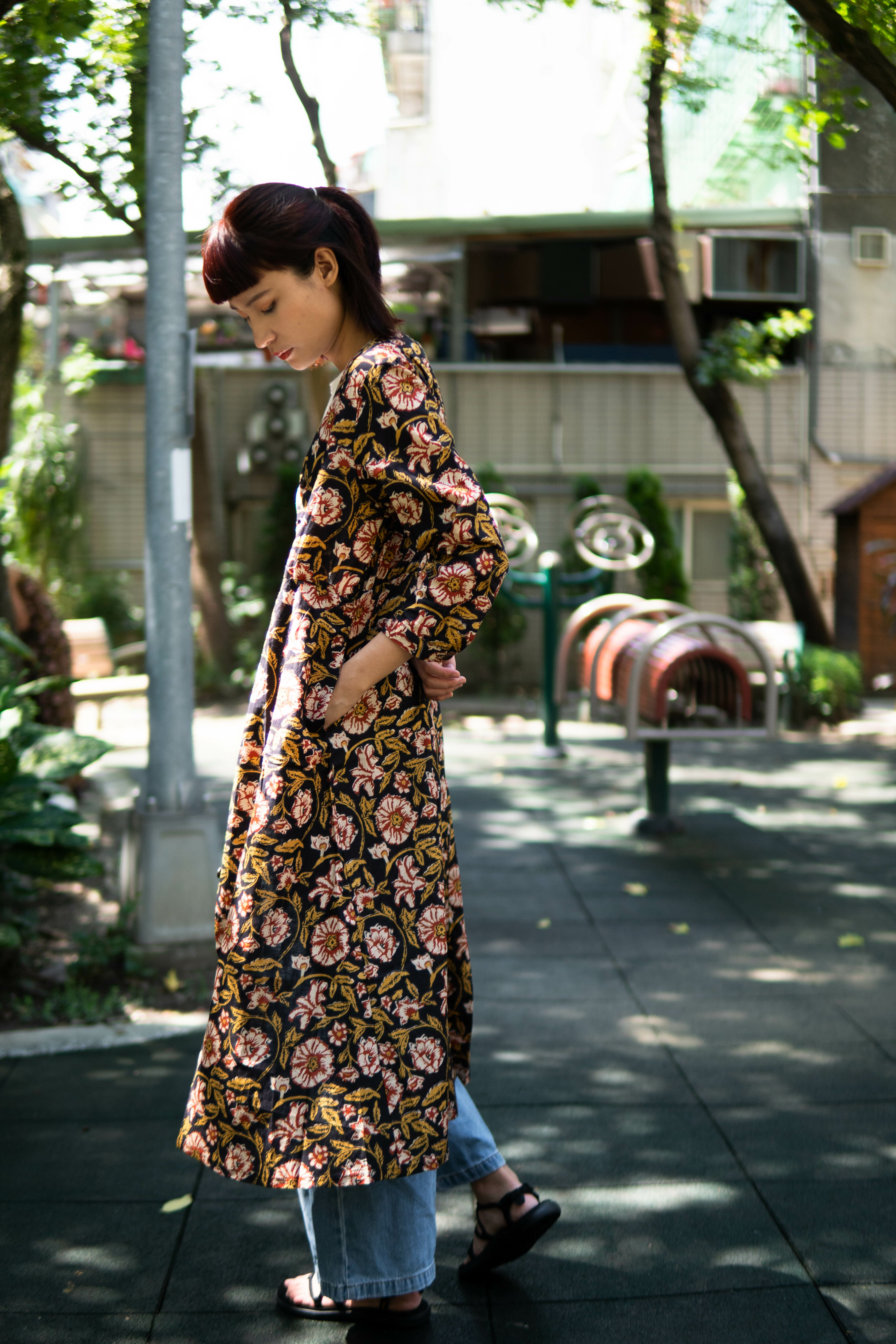 印度蓋染工藝純棉 七分袖洋裝 - 扶桑花