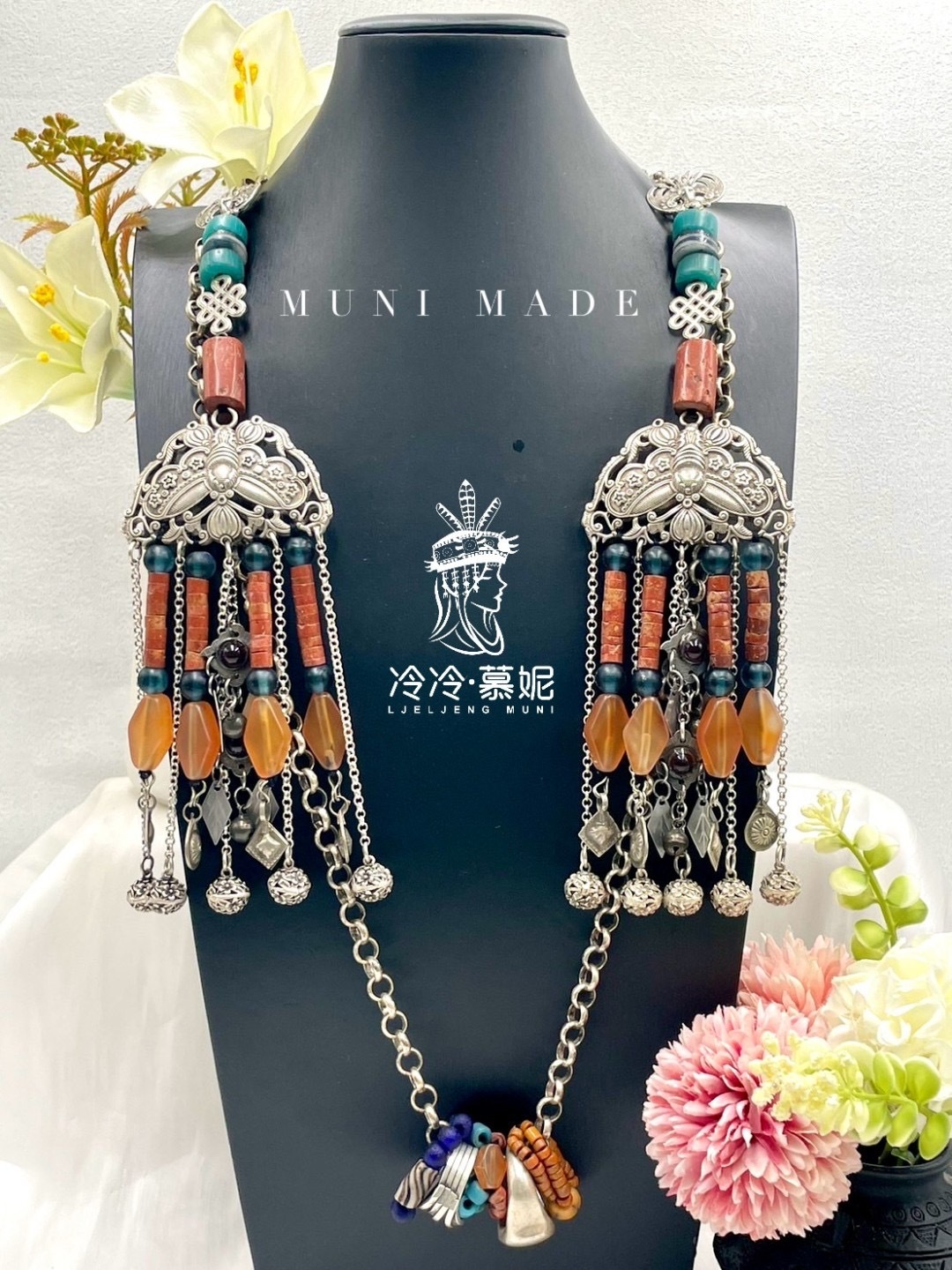 Muni-No.20貿易老珠藏銀蝴蝶掛鏈90cm