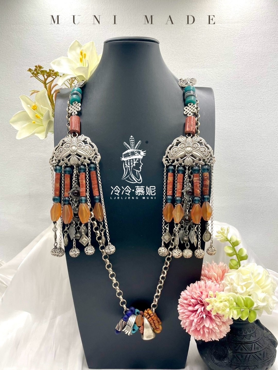 Muni-No.20貿易老珠藏銀蝴蝶掛鏈90cm