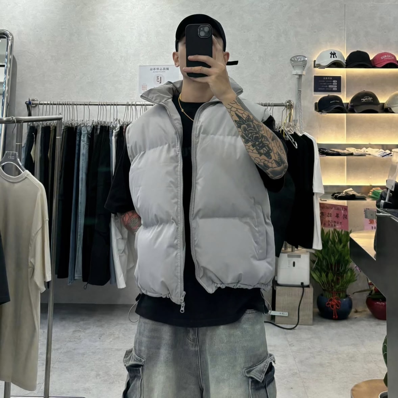 立領鋪棉麵包背心 黑//灰