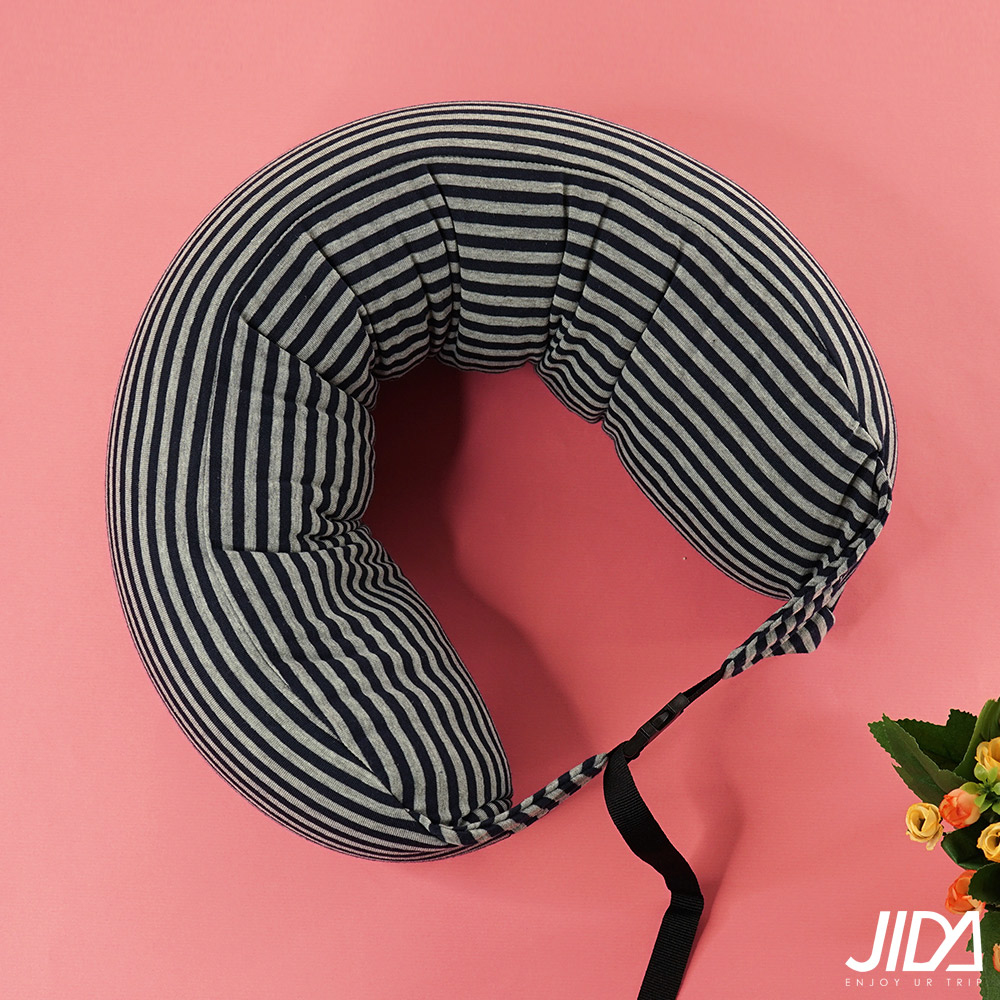 日式簡約條紋風連帽微粒子U型護頸枕 70cmX15cm