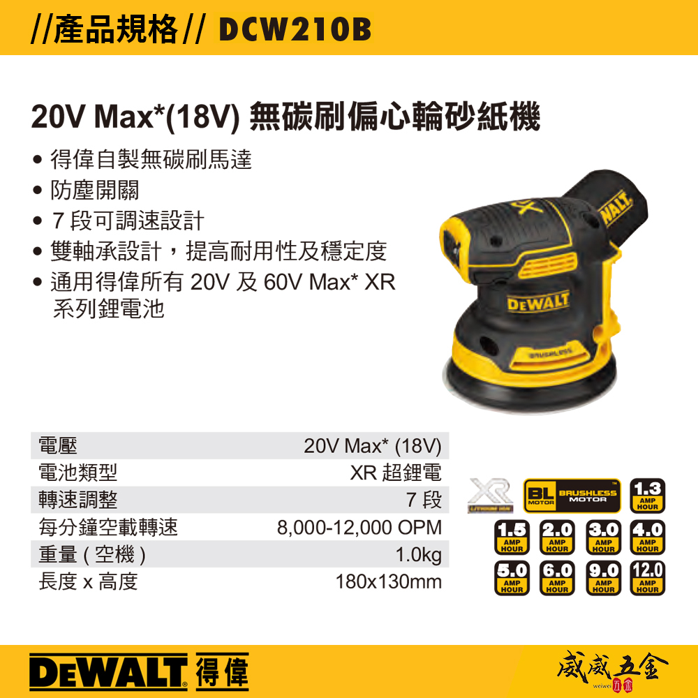 DEWALT 美國 得偉｜空機｜20V 充電圓砂紙機 5吋無刷偏心砂紙機 附集塵袋｜DCW210B｜公司貨 DCW210 DCW210N