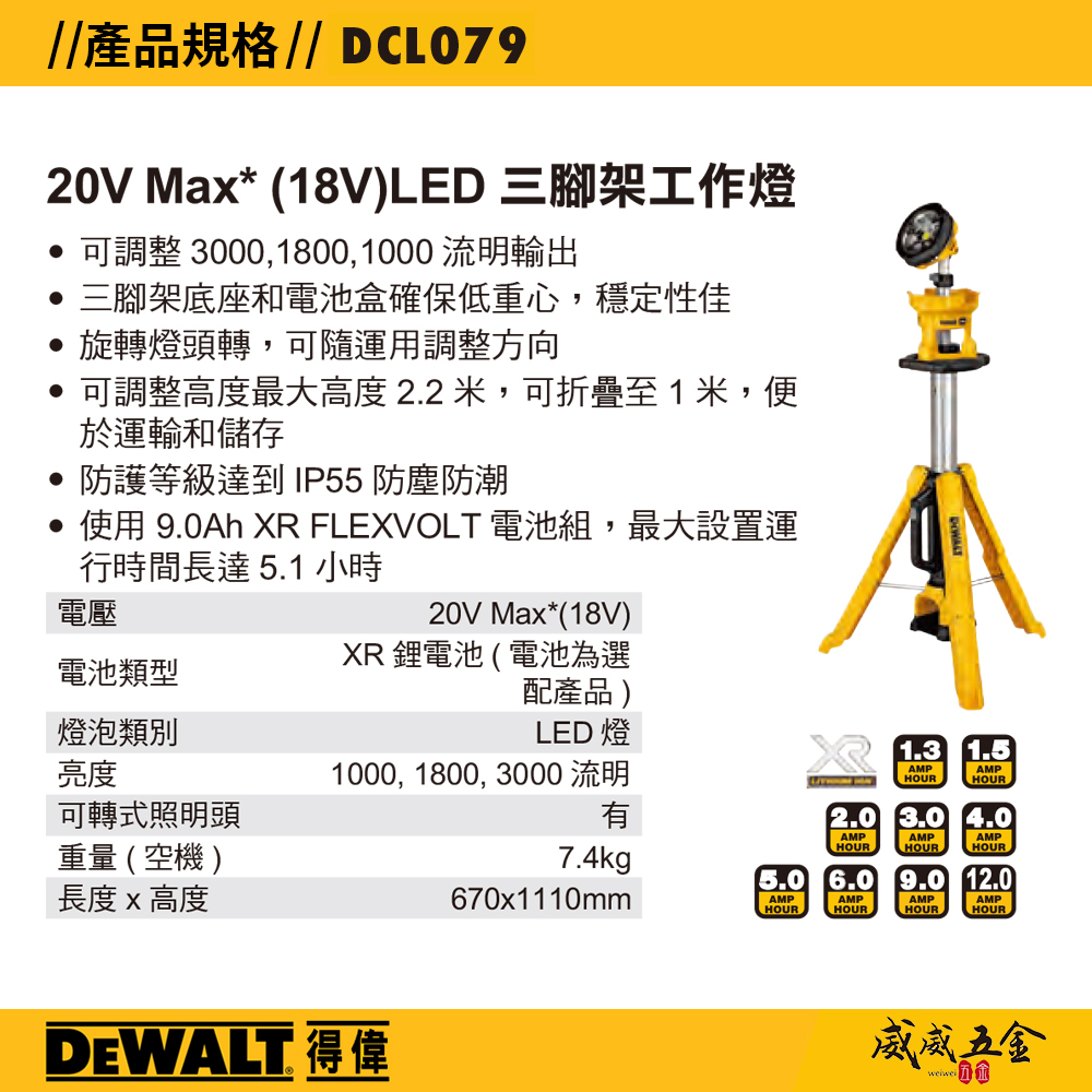 DEWALT 得偉 美國｜20V-60V 三角廣域型LED燈架 附三腳架工作燈 探照燈｜DCL079B DCL079N DCL079｜空機｜公司貨