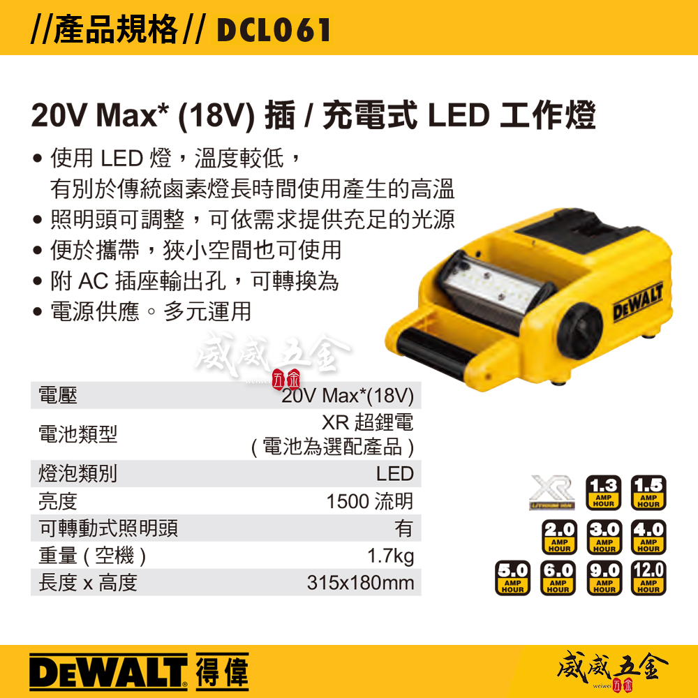 DEWALT 美國 得偉｜20V 鋰電1500流明 探照燈 插電/充電式LED工作燈｜DCL061 DCL061N DCL061B｜空機｜公司貨