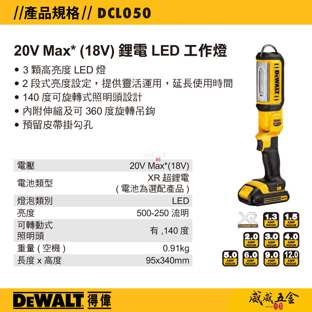DEWALT 美國 得偉｜2段式亮度LED燈 可旋轉手電筒 超鋰電工作燈｜空機｜DCL050N DCL050B DCL050｜公司貨