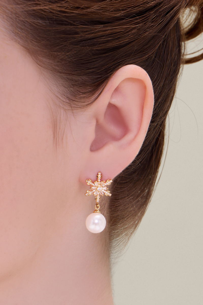 雪花珍珠鋯石。夾式耳環