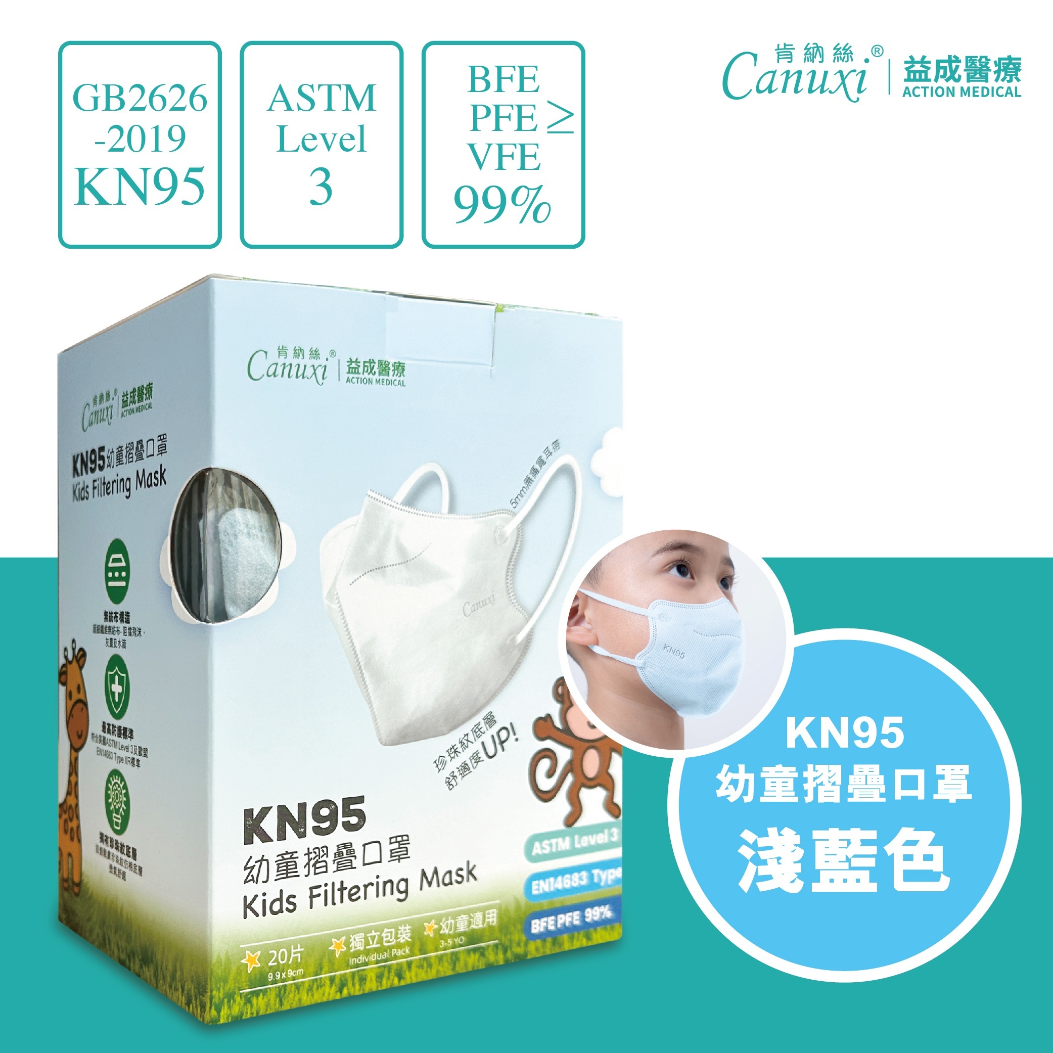 KN95 淺藍色幼童高透氣摺疊型口罩  (20片獨立包裝)