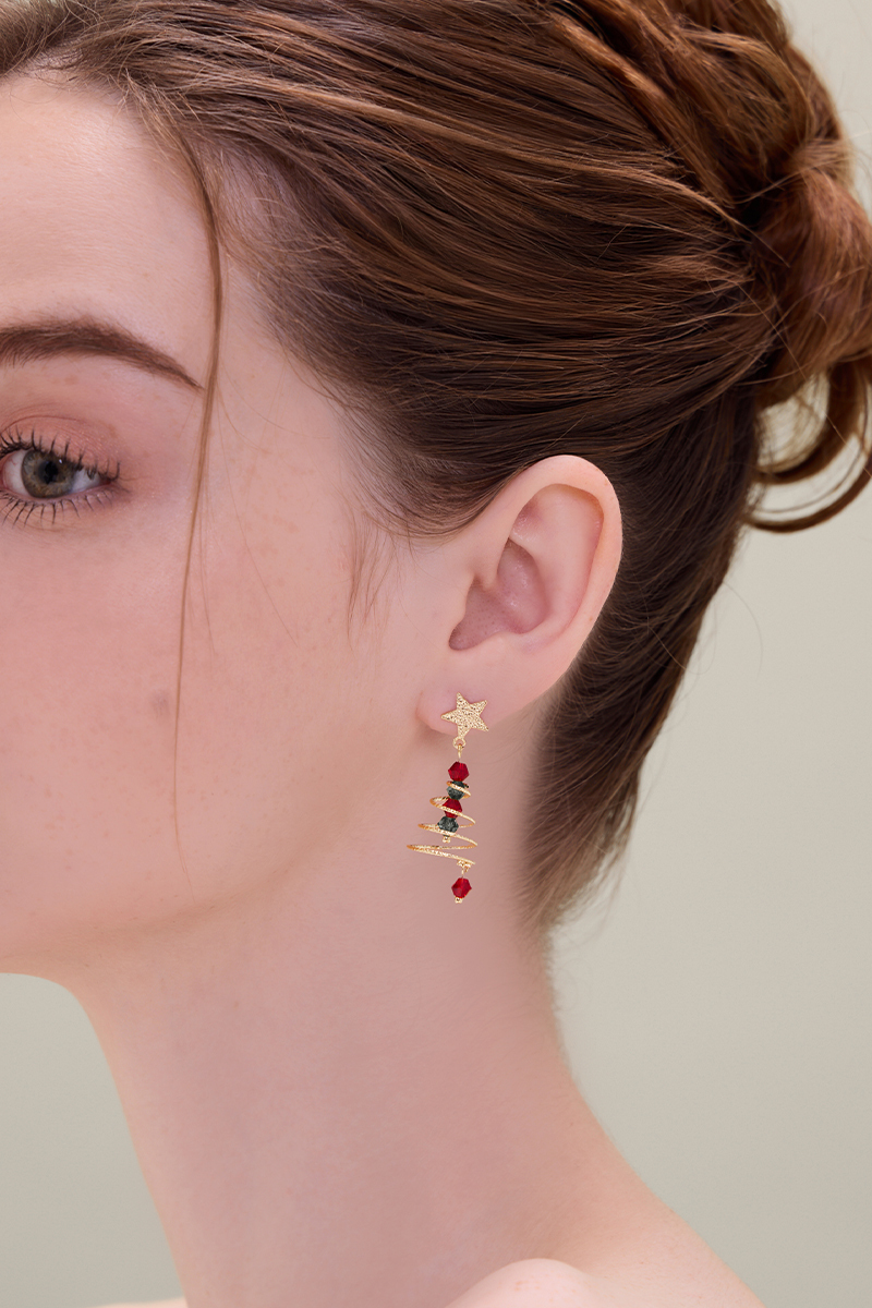 聖誕限定星星氛圍聖誕樹。銀針耳環