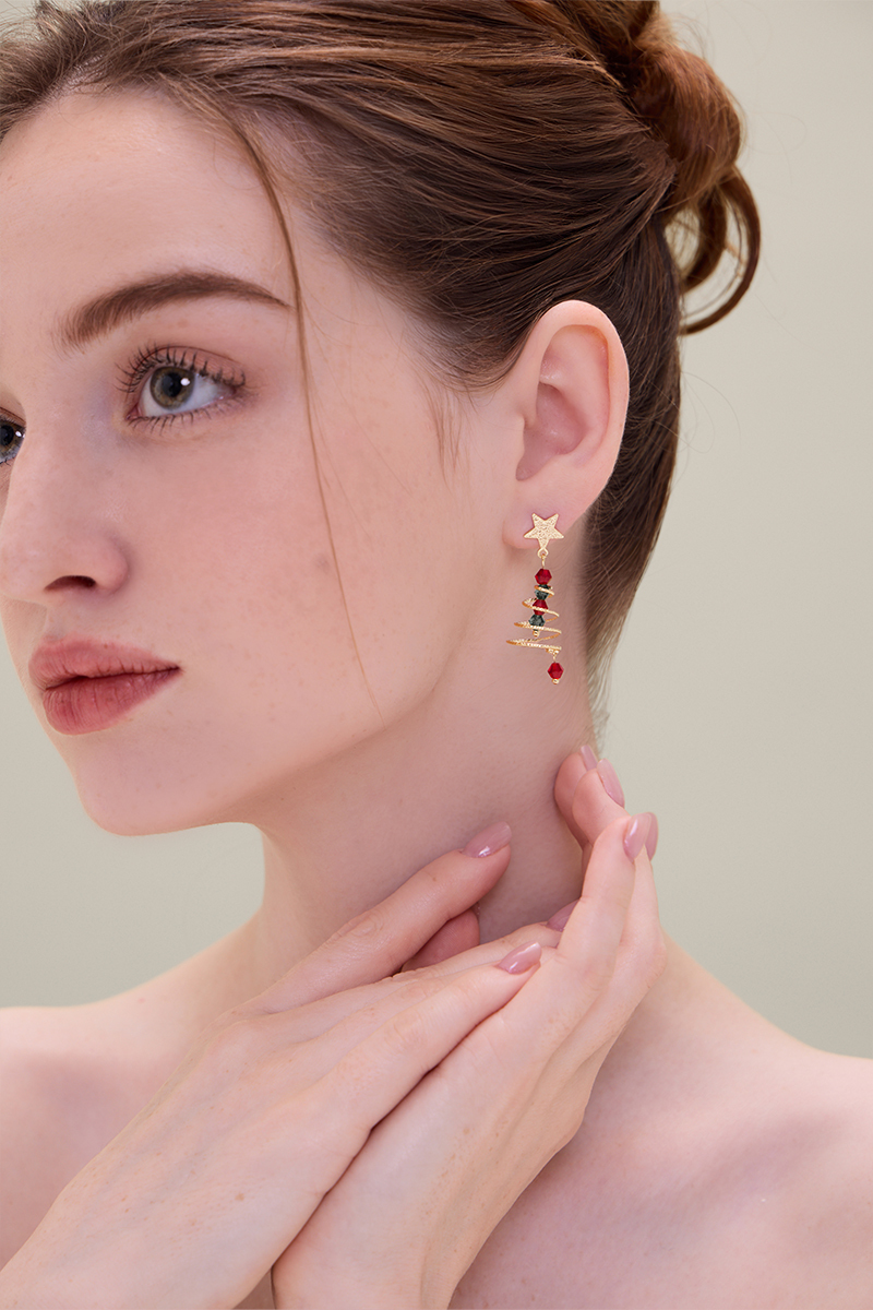 聖誕限定星星氛圍聖誕樹。銀針耳環