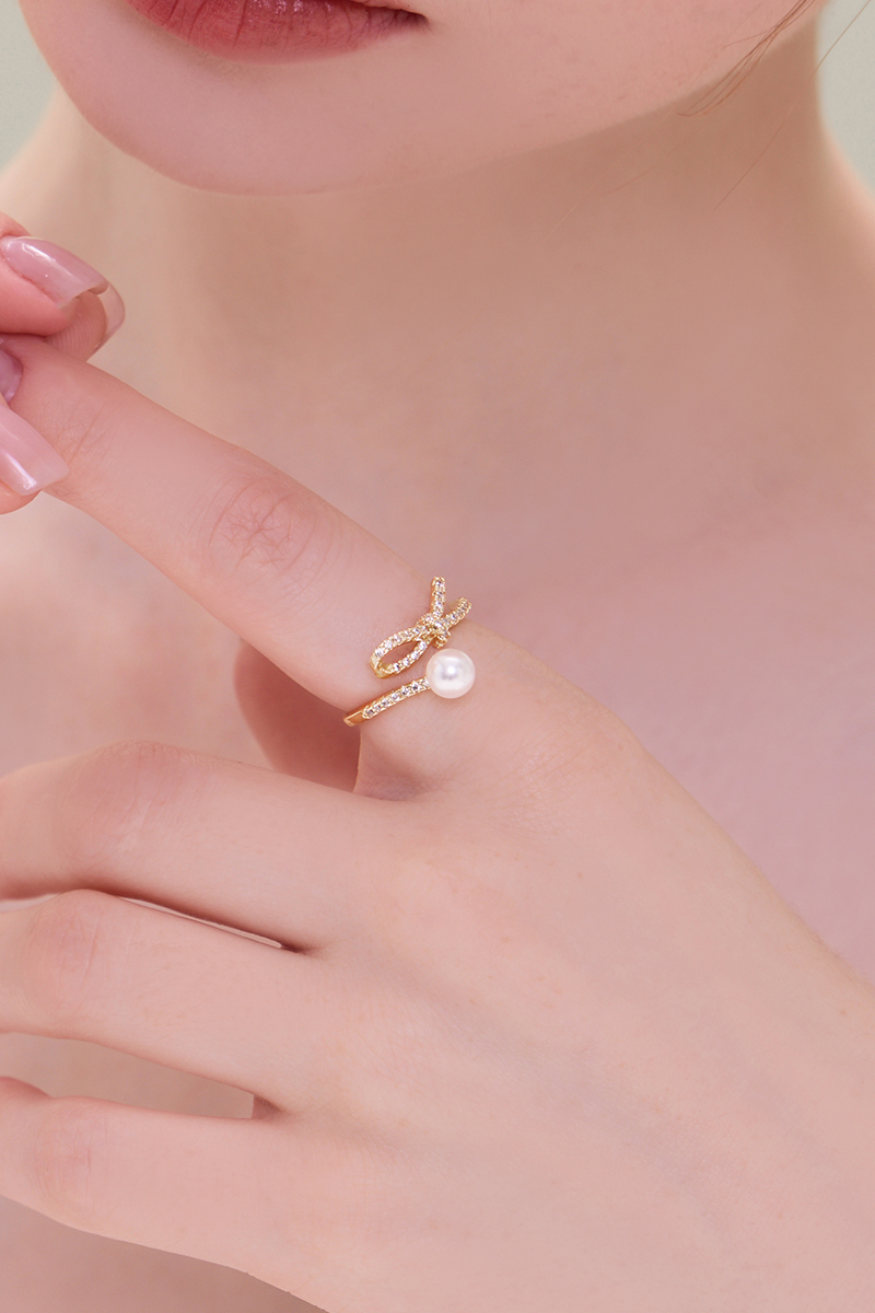 鑽光蝴蝶結珍珠可調式戒指