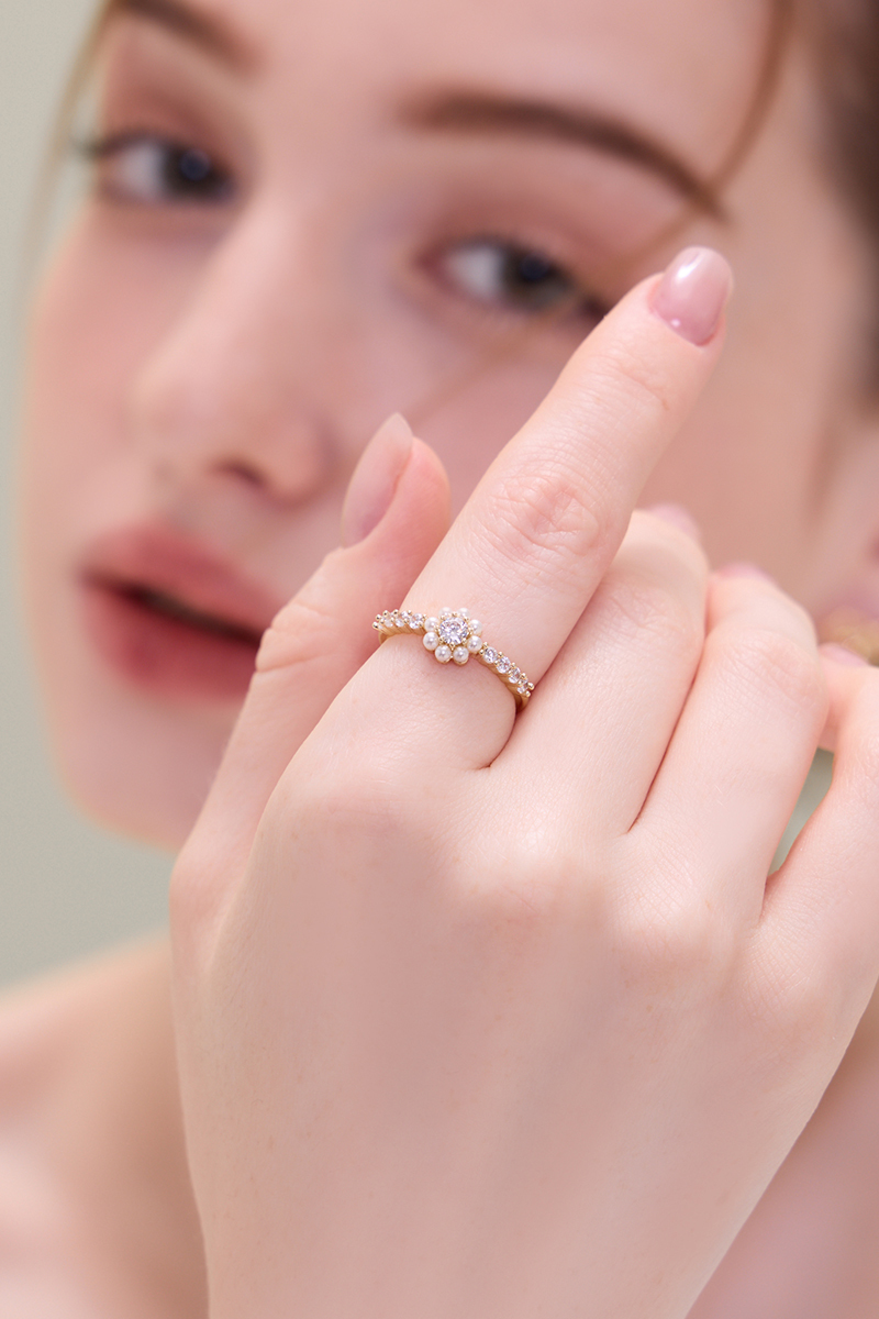 甜美鋯石珍珠小花可調式戒指