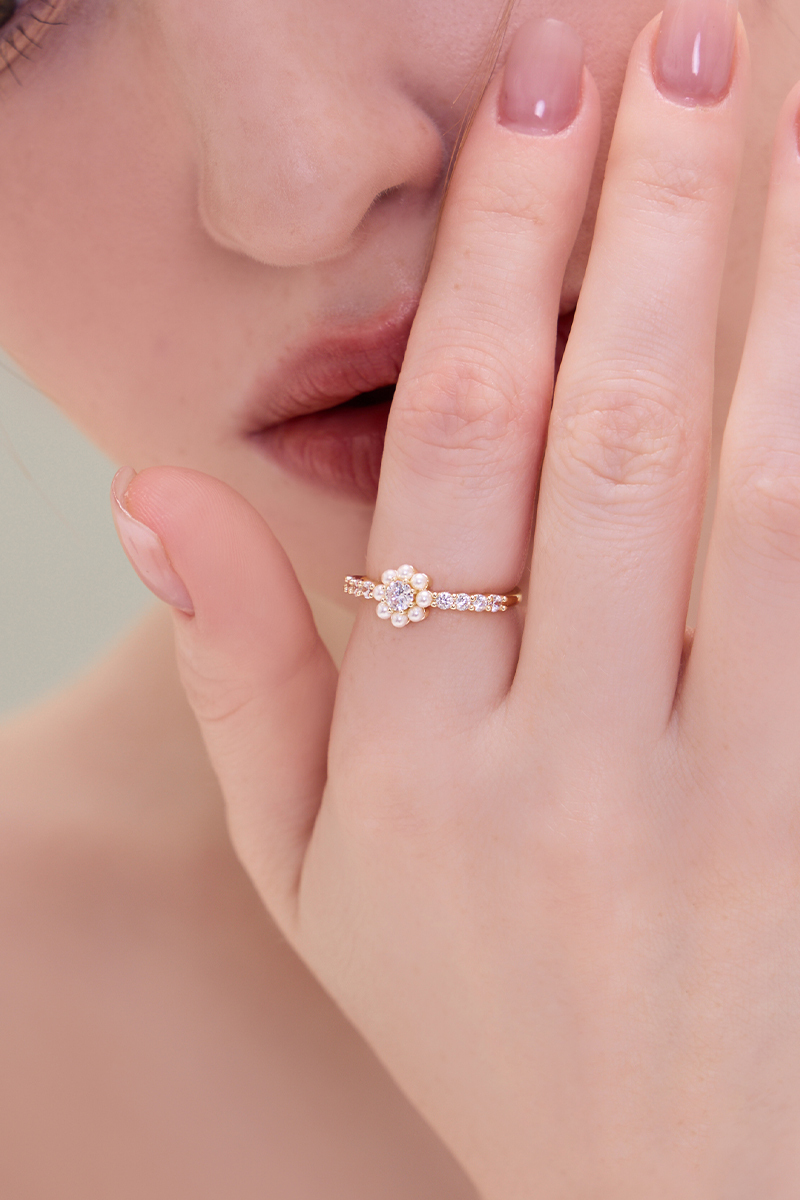 甜美鋯石珍珠小花可調式戒指