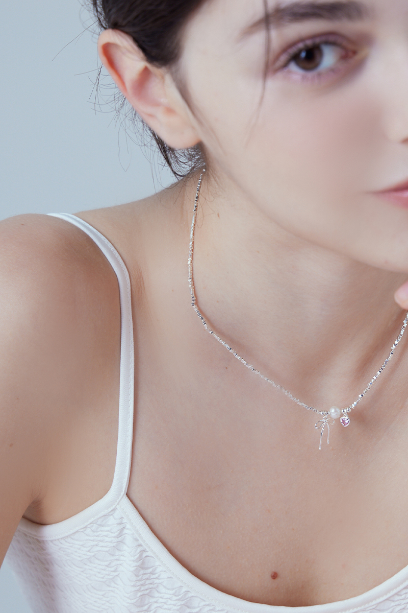 愛心粉鑽天然珍珠蝴蝶結項鍊