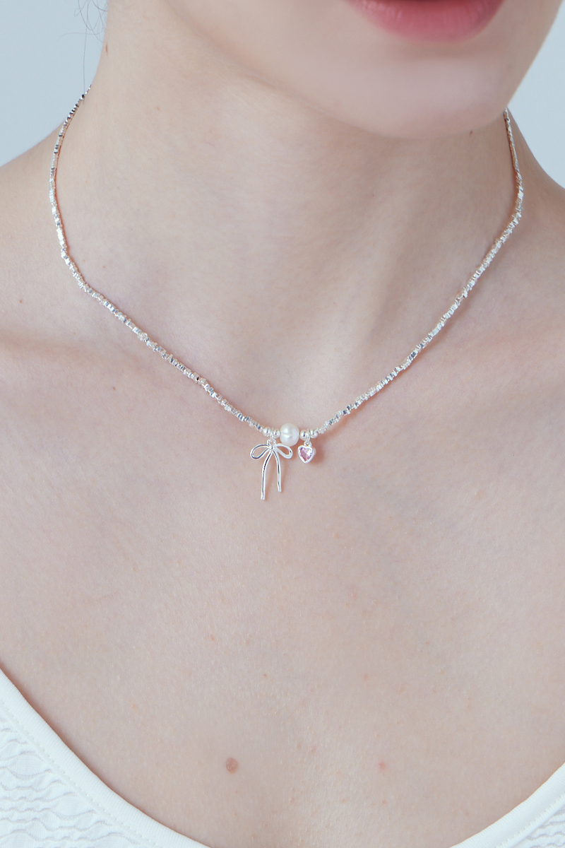 愛心粉鑽天然珍珠蝴蝶結項鍊