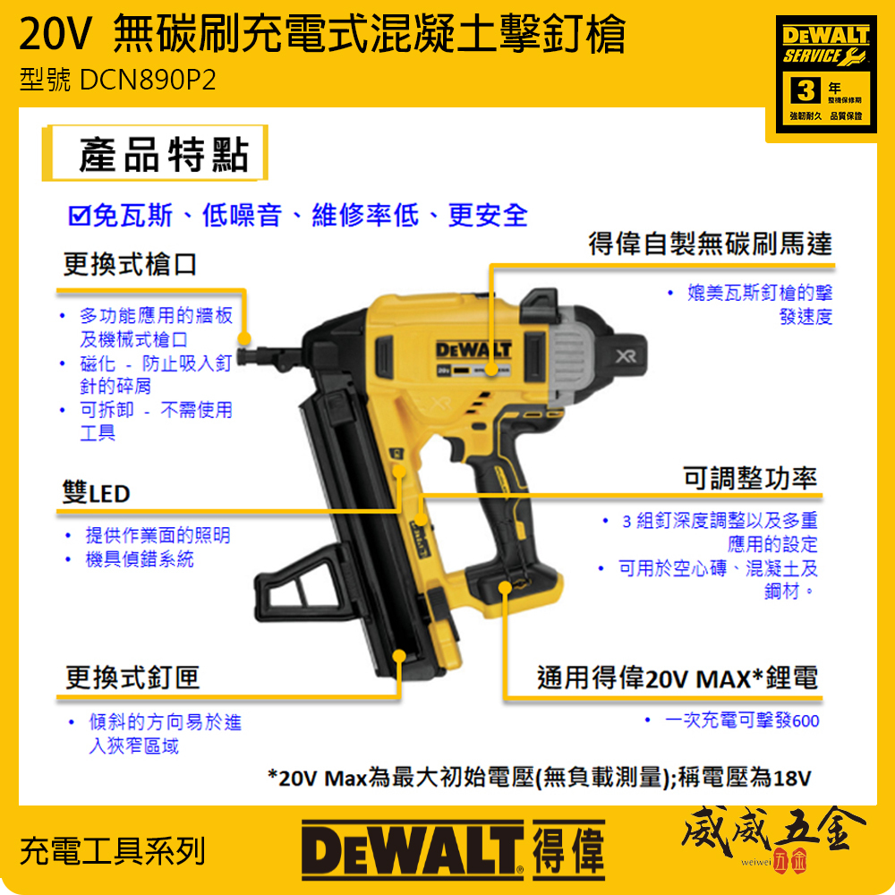 DEWALT 得偉 美國｜20V 鋰電無碳刷混凝土擊釘槍 充電式釘槍｜DCN890｜DCN890P2｜公司貨 DCN890P2K