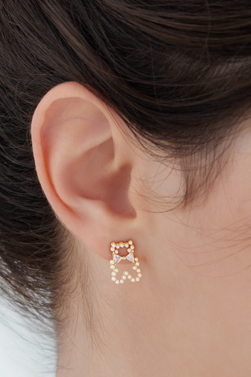 珍珠小熊。銀針耳環