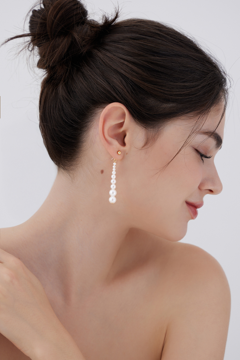 漸層垂墜珍珠。銀針耳環