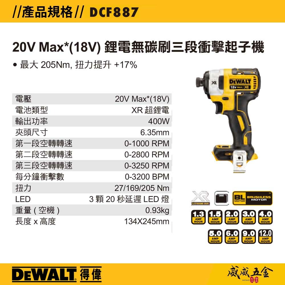 DEWALT 美國 得偉｜韓版-單機身｜20V 三段衝擊起子機 無刷電鑽起子機｜DCF887N-KR｜公司貨