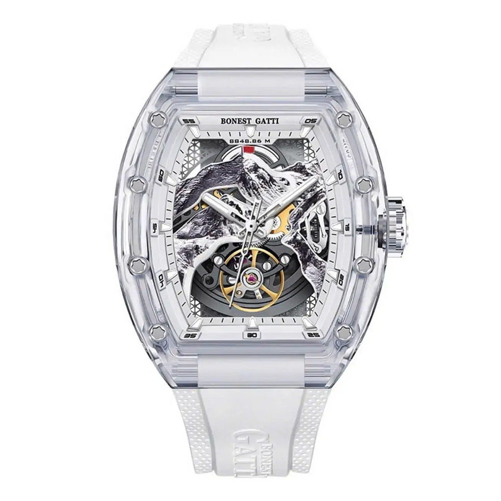 【Bonest Gatti 布加迪】BG6001 酒桶款 鏤空 透明錶殼 防水 男士 機械錶-