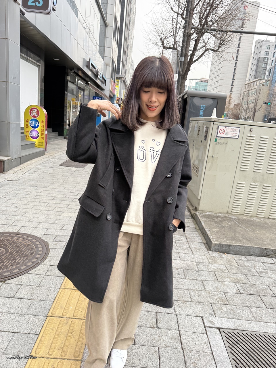 正韓oversize質感黑寬鬆毛呢大衣