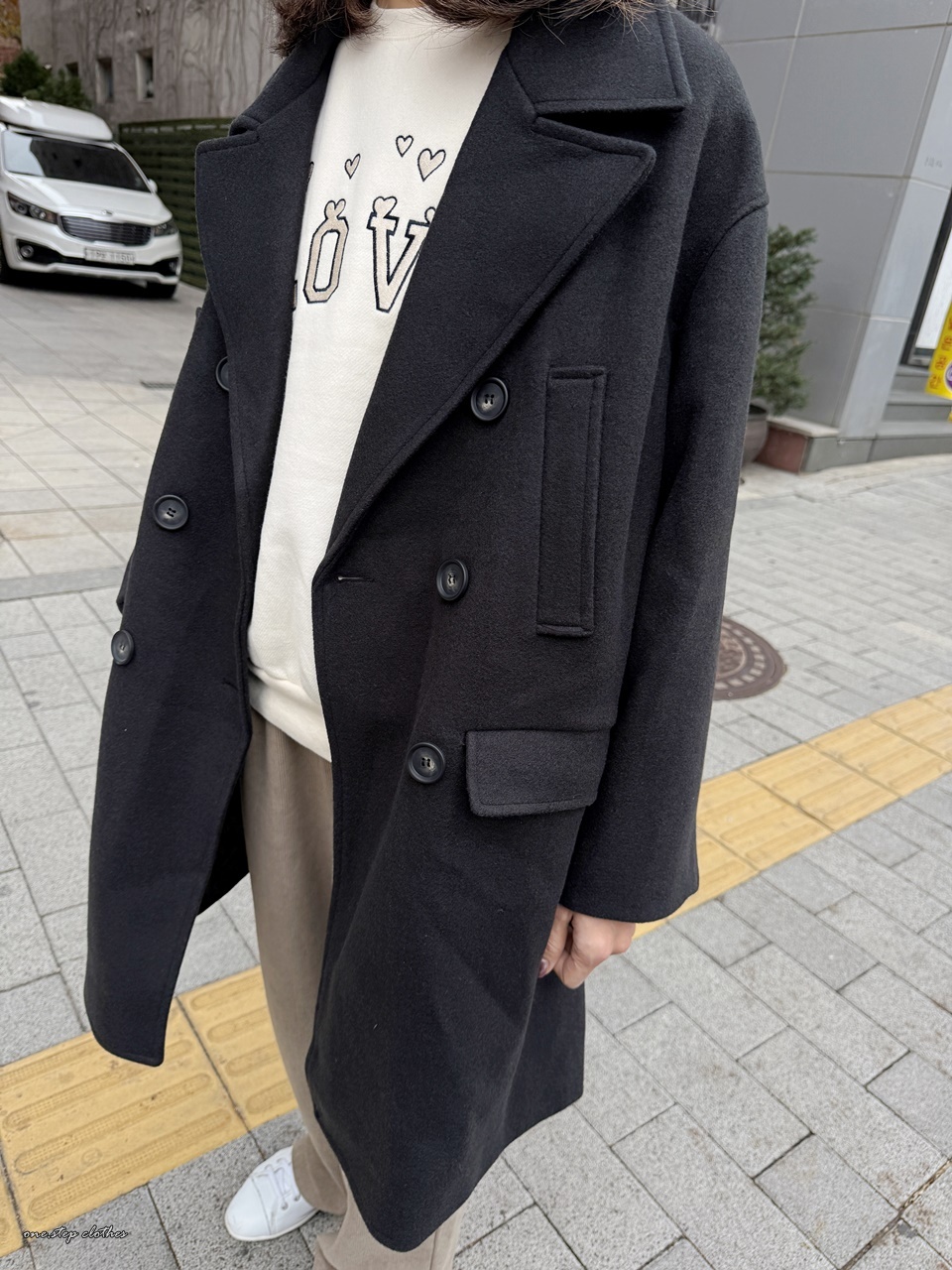 正韓oversize質感黑寬鬆毛呢大衣