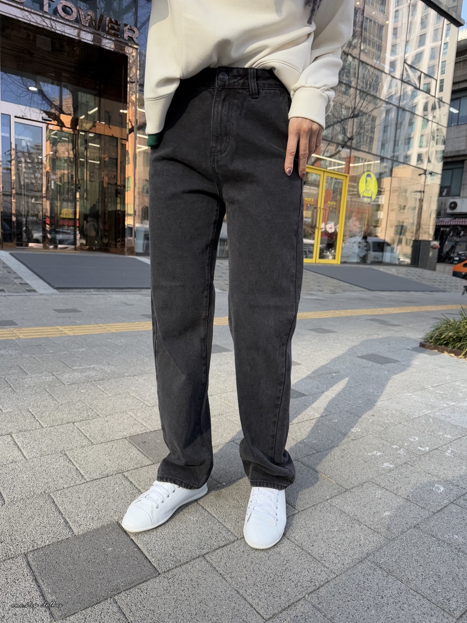 正韓收藏大長腿慵懶黑直筒寬褲