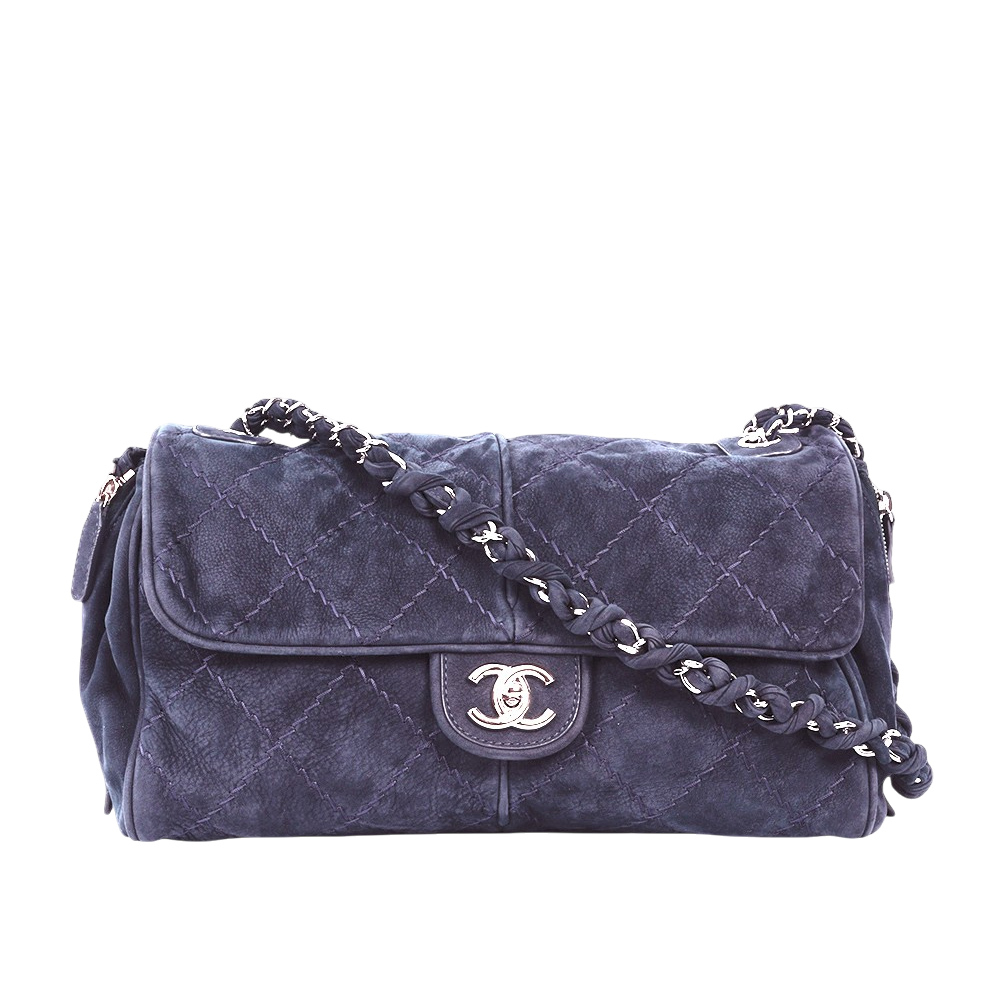 【CHANEL】銀色CC Logo 縫線設計麂皮肩背包