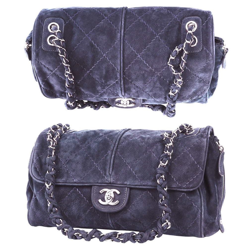 【CHANEL】銀色CC Logo 縫線設計麂皮肩背包(藍紫色)CH11000536