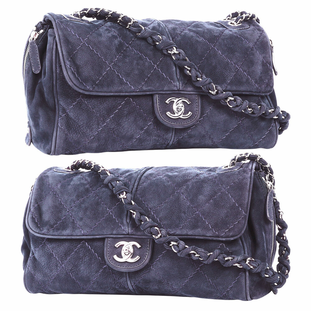 【CHANEL】銀色CC Logo 縫線設計麂皮肩背包(藍紫色)CH11000536