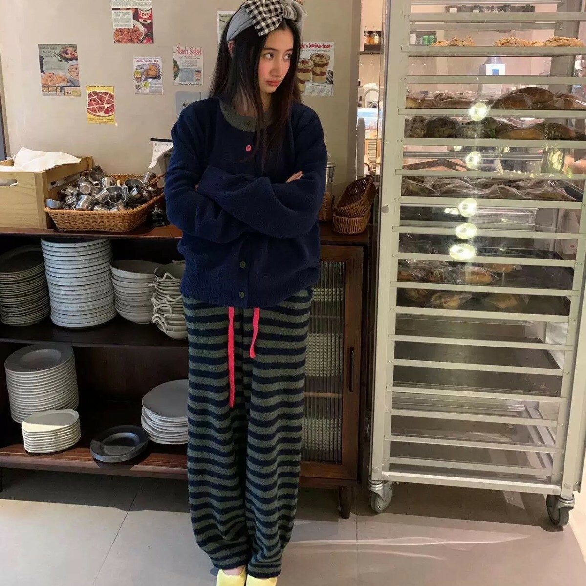 《5441》藏藍軟綿綿條紋綁帶居家套裝