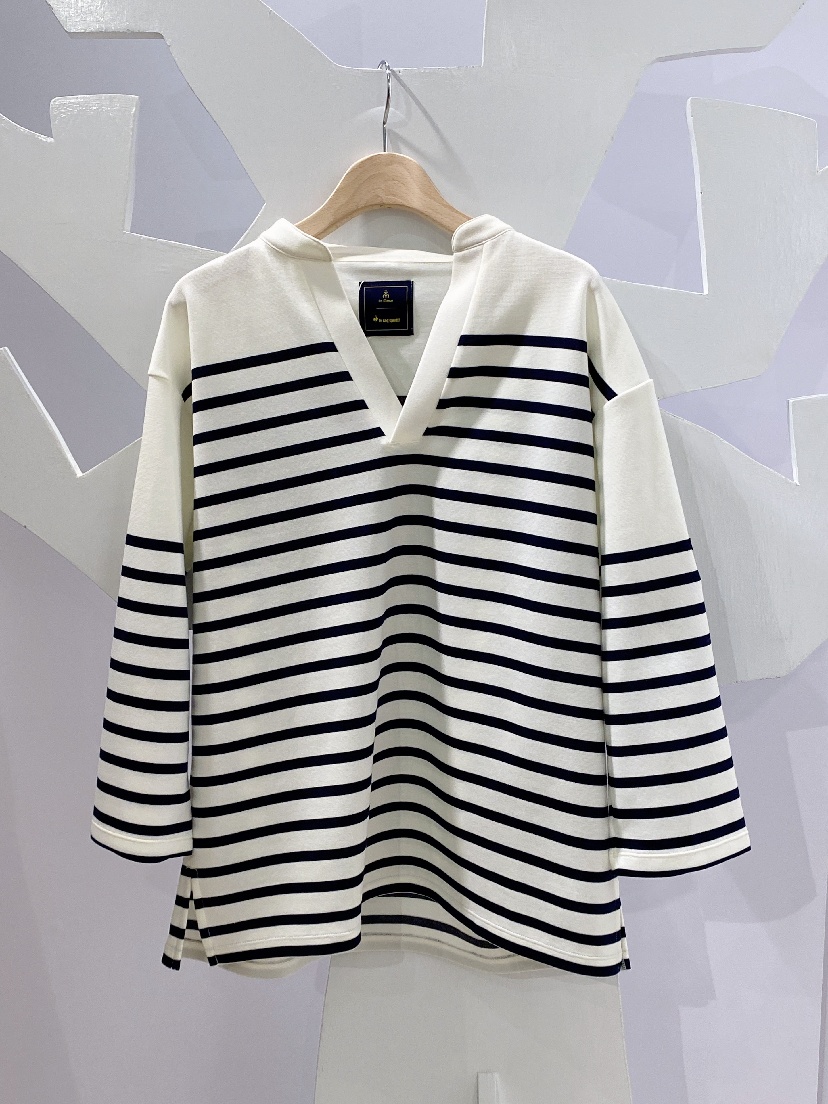 法國連帽橫條五分袖上衣