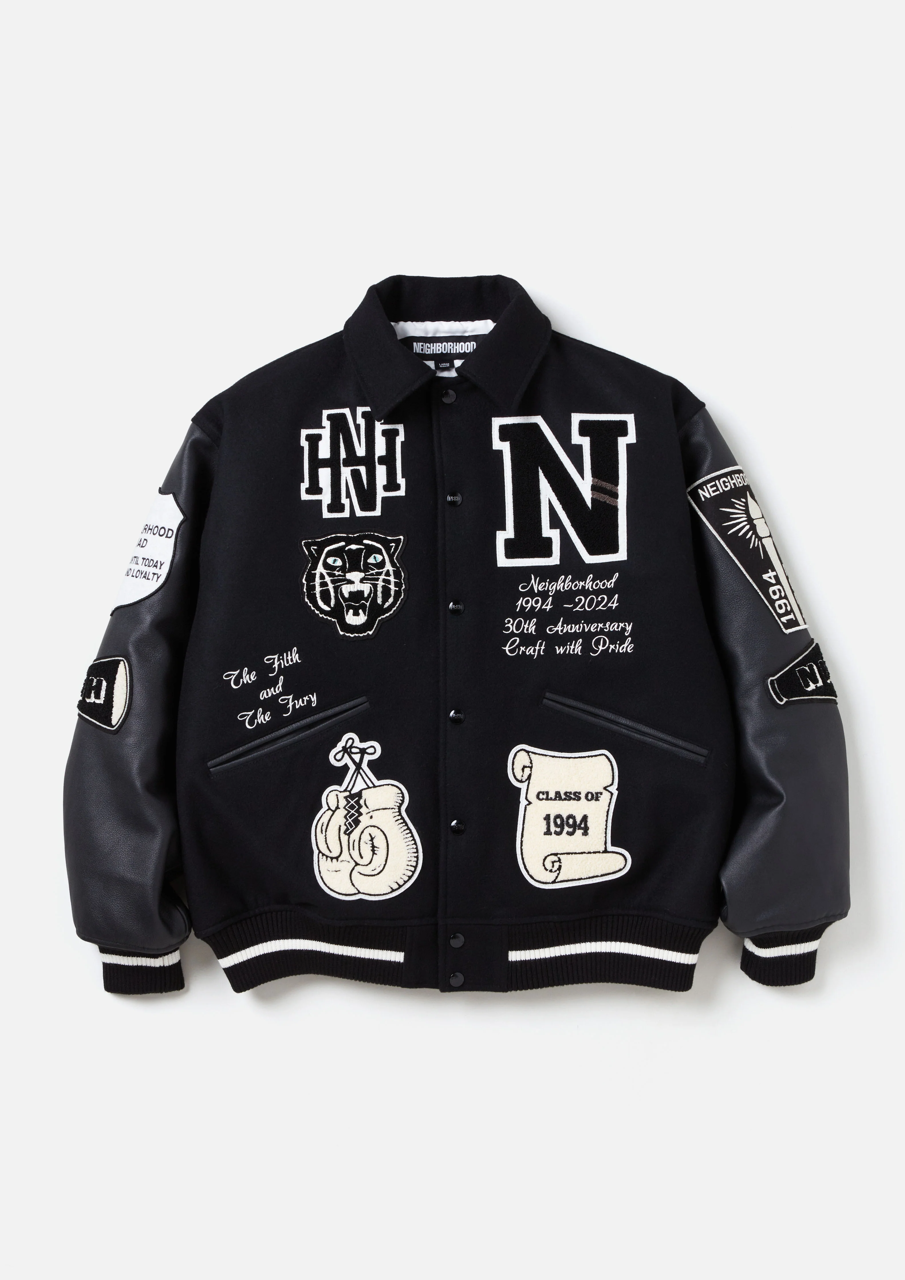 -(B6b)-NEIGHBORHOOD STADIUM JACKET 徽章 皮革 棒球外套 黑-242SZNH-JKM07