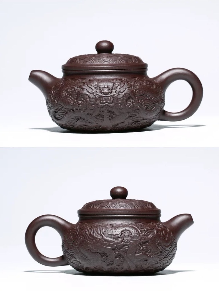 原礦老紫泥壺純手工壺茶壺茶具宜興（龍騰四海）310ml 浮雕茶壺