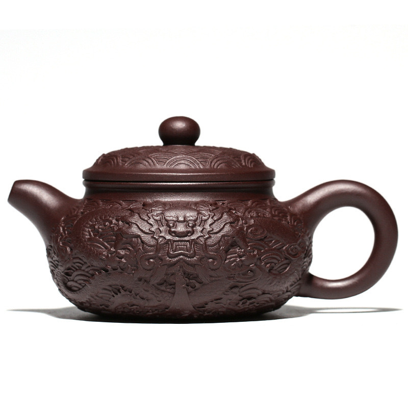 原礦老紫泥壺純手工壺茶壺茶具宜興（龍騰四海）310ml 浮雕茶壺