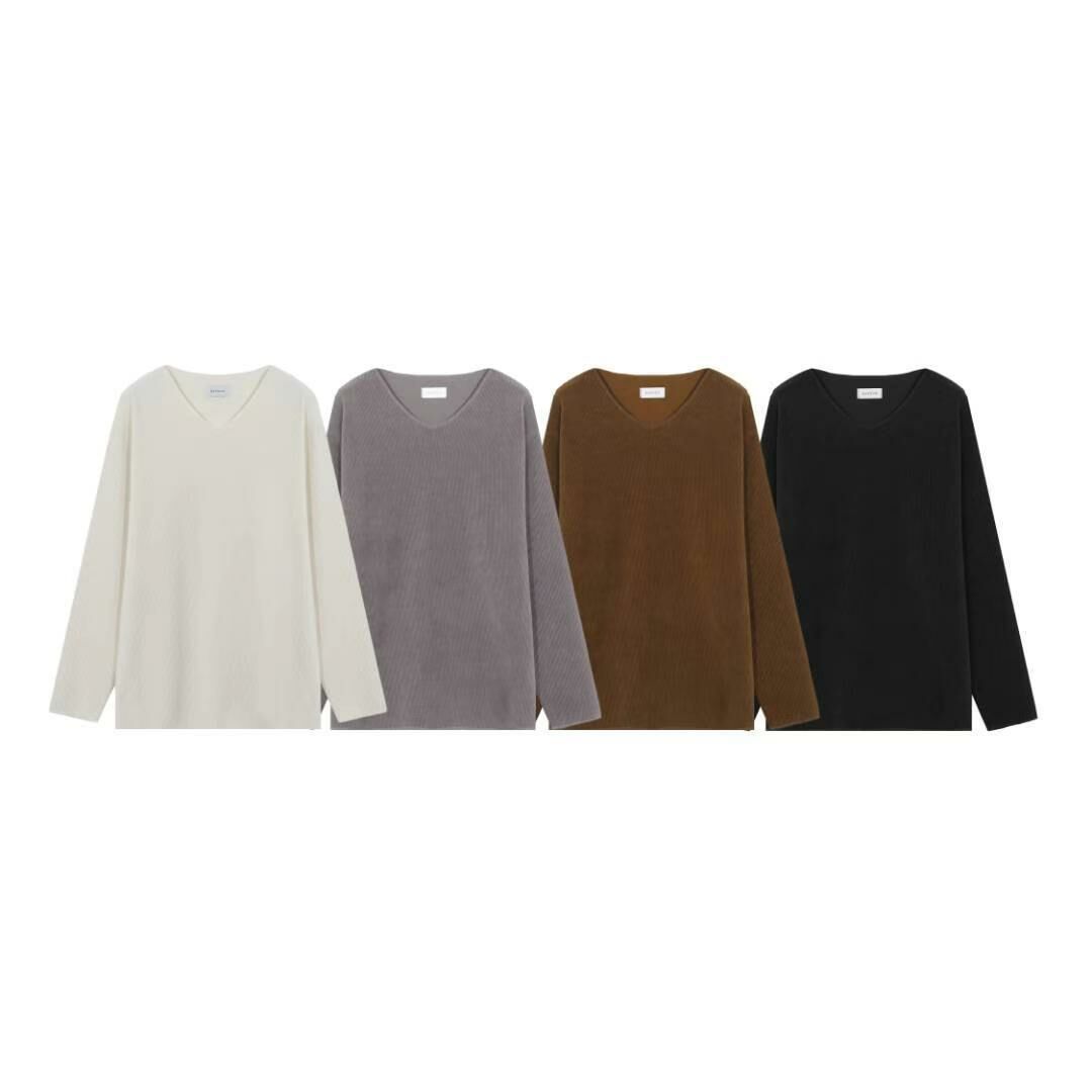 淨色V領暗直紋長袖衫 RAYGUN-016T