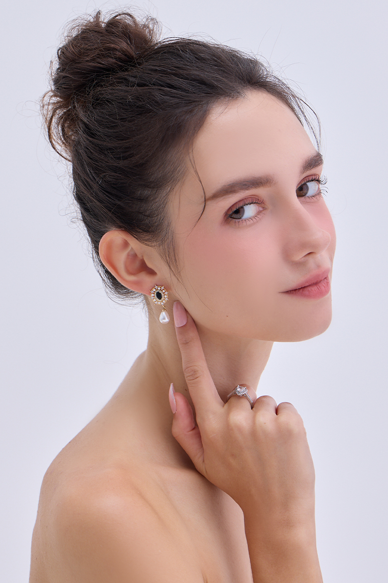 法式宮廷黑鑽心。銀針耳環