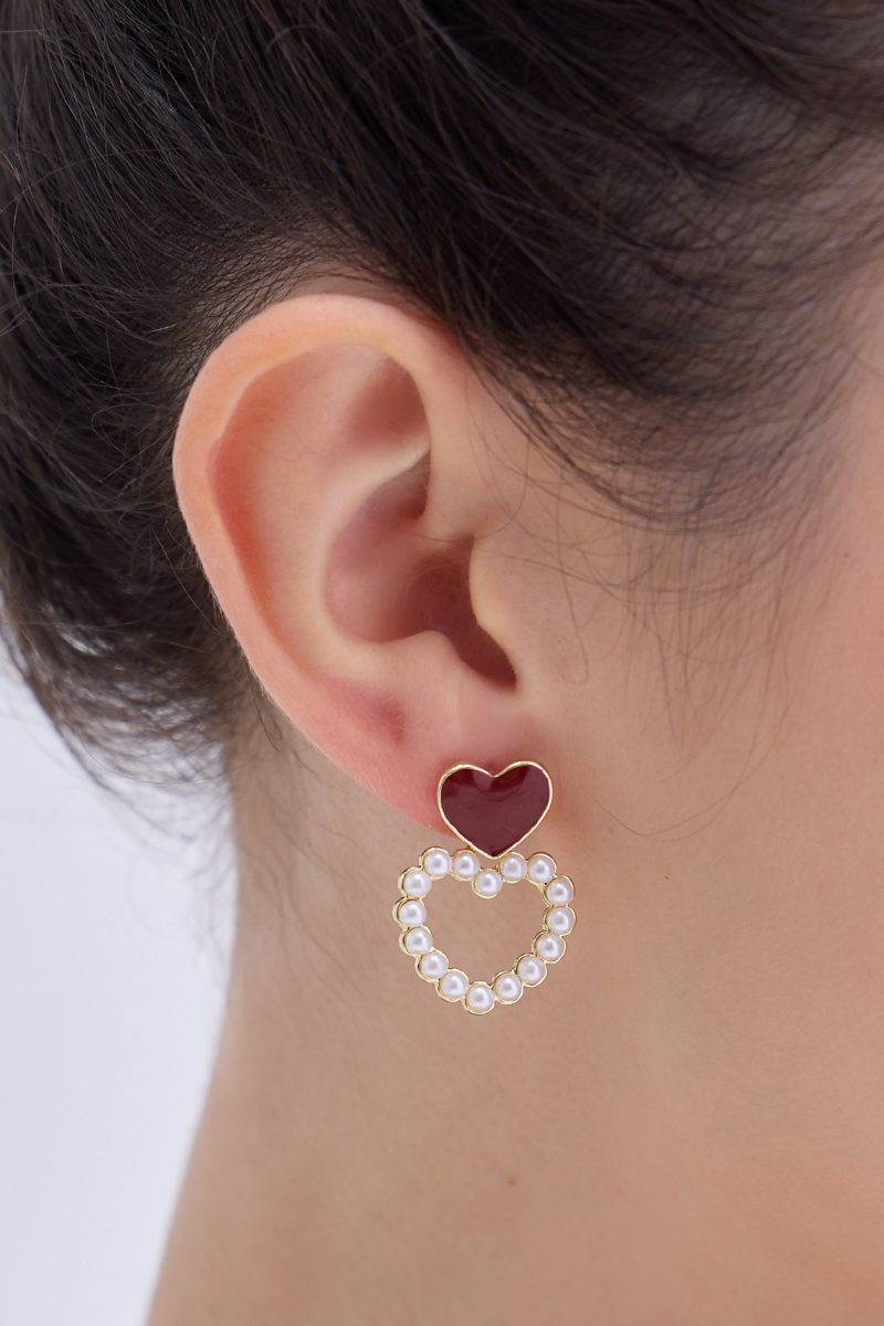 復古愛心珍珠。針式耳環