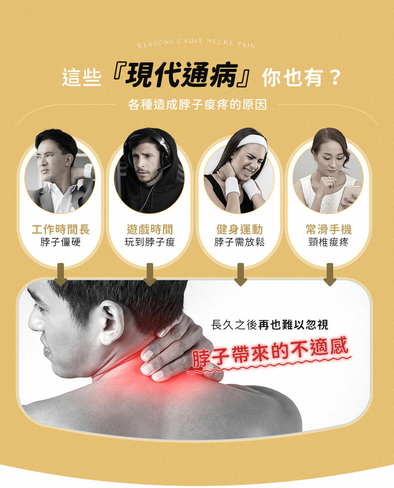 REASONS CAUSE NECKE PAIN這些『現代通病』你也有?各種造成脖子的原因工作時間長遊戲時間脖子僵硬玩到脖子健身運動脖子需放鬆常滑手機頸椎長久之後再也難以忽視脖子帶來的不適感