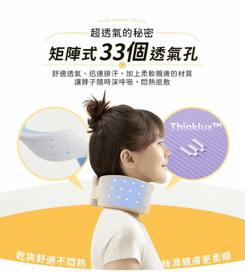 NECK SUPPORT BRACE超透氣的秘密矩陣式33個透氣孔舒適透氣、迅速排汗,加上柔軟親膚的材質讓脖子隨時深呼吸,悶熱退散乾爽舒適不悶熱絲滑親膚更柔順