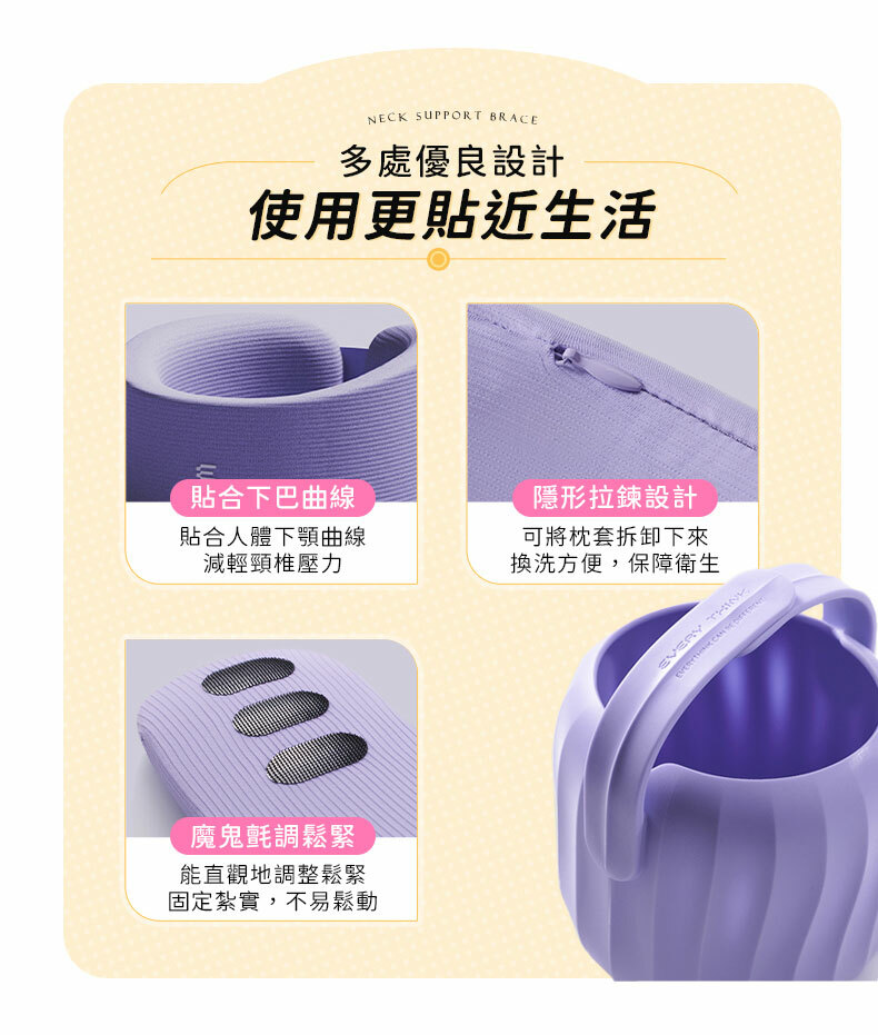 NECK SUPPORT BRACE多處優良設計使用更貼近生活貼合下巴曲線貼合人體下顎曲線減輕頸椎壓力魔鬼氈調鬆緊能直觀地調整鬆緊固定紮實,不易鬆動隱形拉鍊設計可將枕套拆卸下來換洗方便,保障衛生EVERY  CAN
