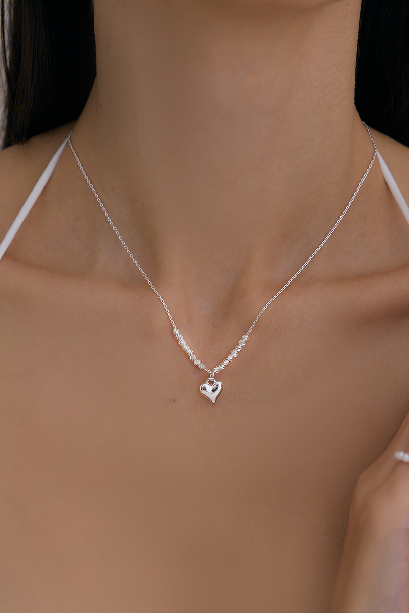 銀色串珠愛心項鍊(銀)