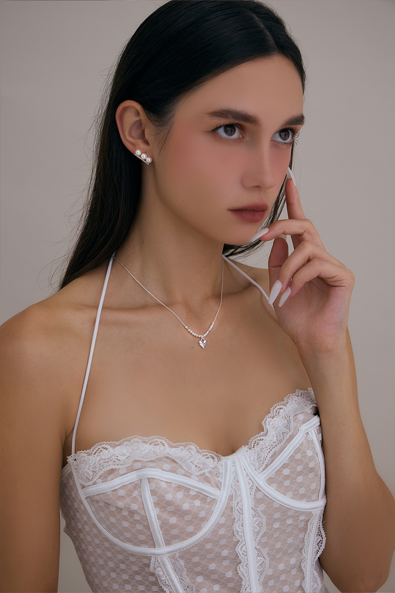 銀色串珠愛心項鍊(銀)