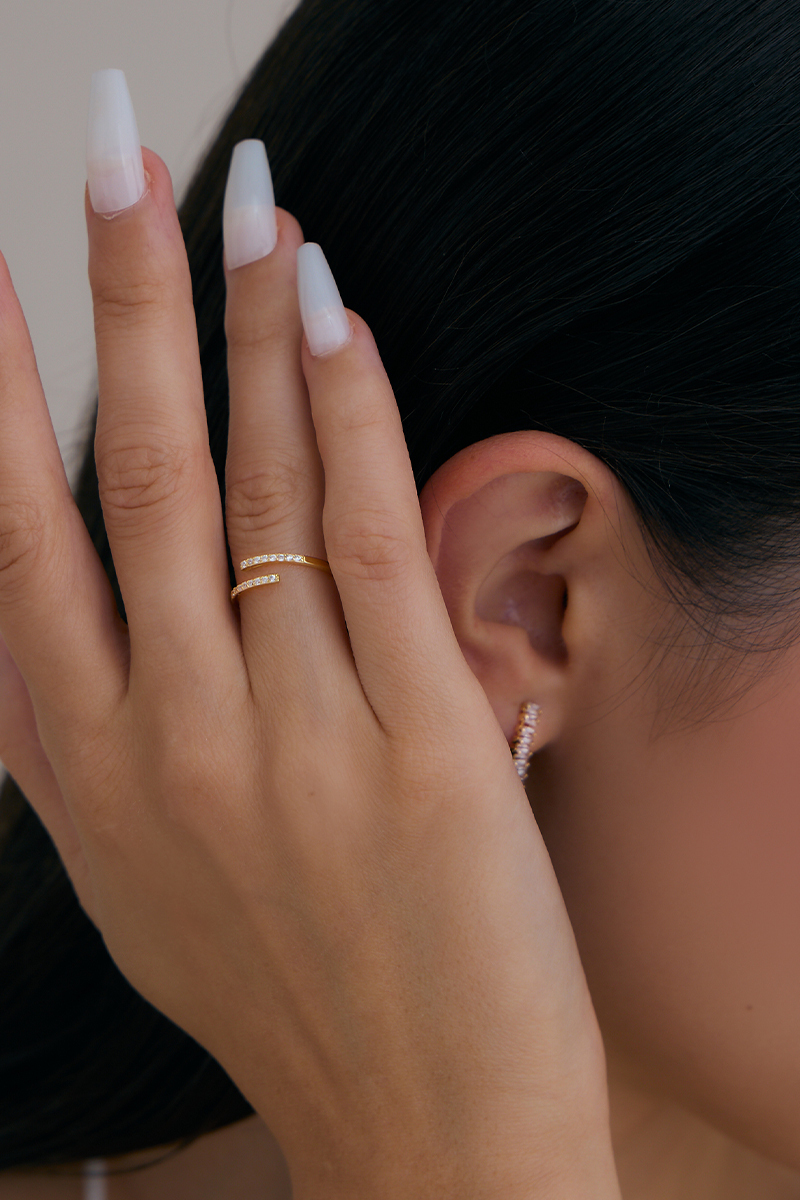 【925純銀】璀璨交會鋯石。可調式戒指(金)