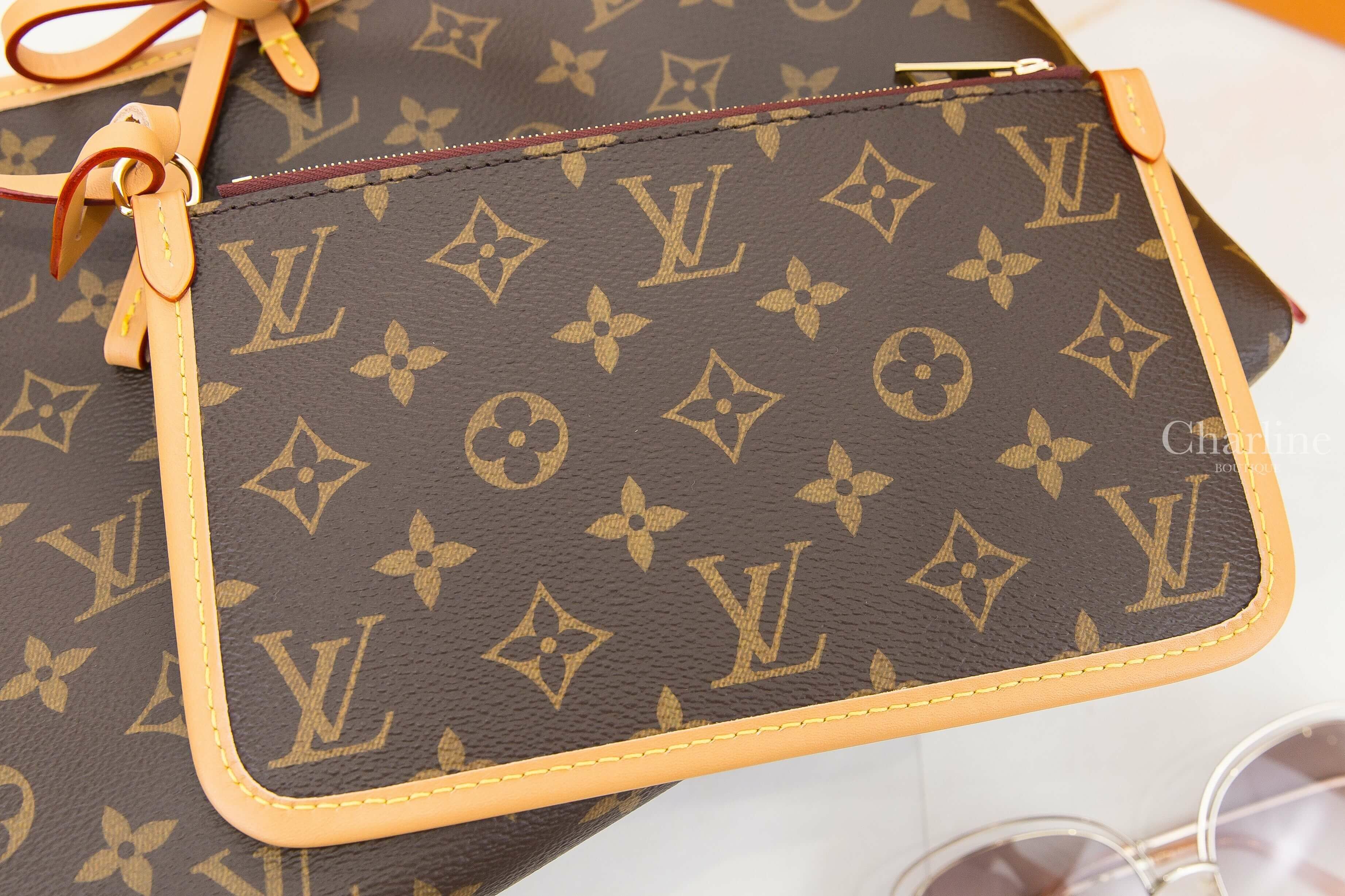 Louis Vuitton CarryAll PM Bag 咖啡色老花牛皮飾邊蝴蝶結吊牌小型手提肩背包-Charline Boutique 精品代購