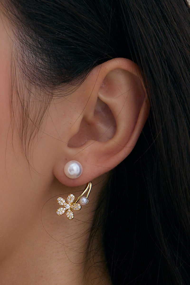 線條珍珠鑽花。針式耳環