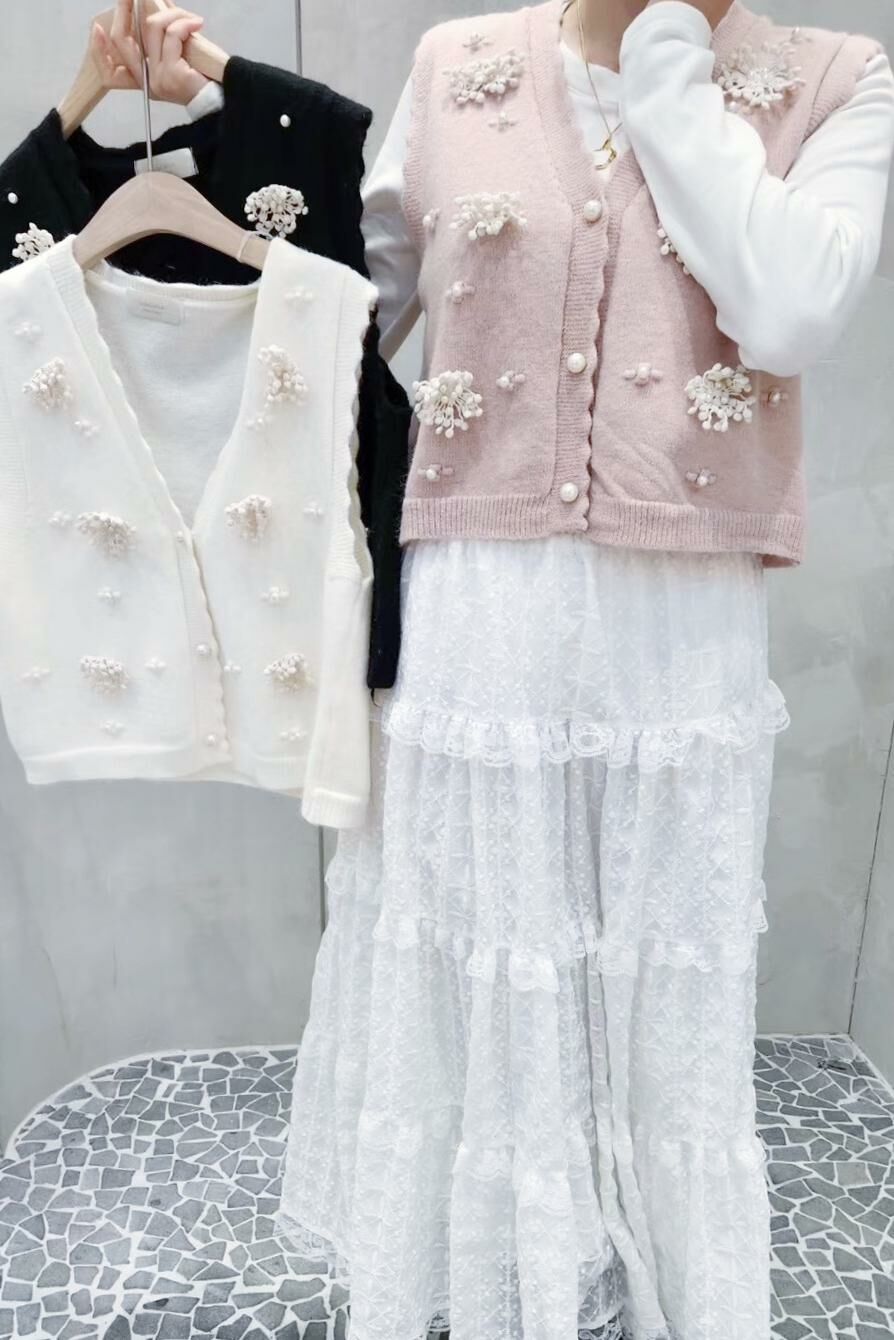 JK#14502🤎珍珠花花背心