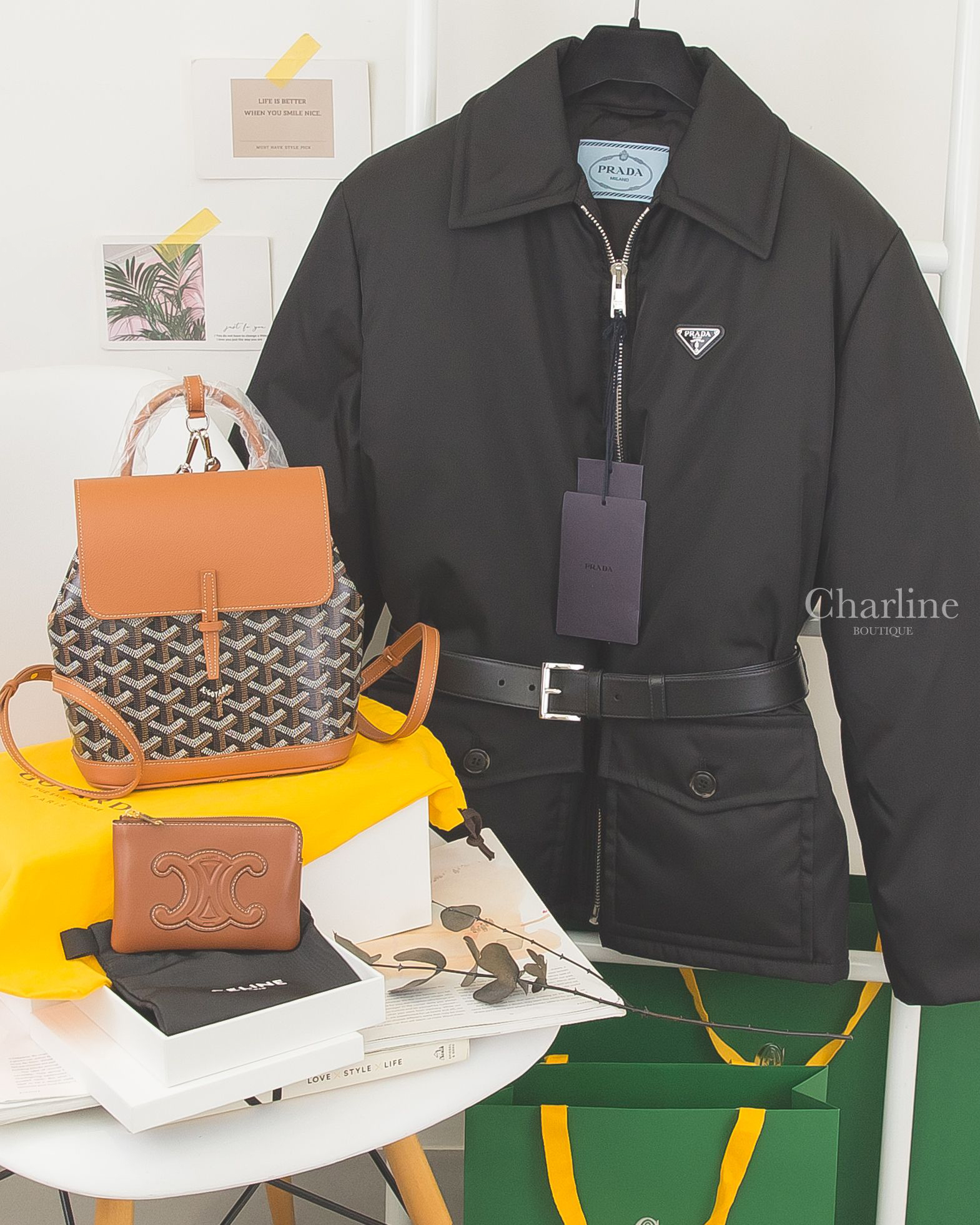 Goyard Alpin Mini Backpack 黑色拼咖啡色帆布咖啡色小牛皮迷你手提後背包,Celine Coin And Card Pouch 棕褐色凱旋門小牛皮金釦鑰匙拉鍊零錢包-Charline Boutique 精品代購