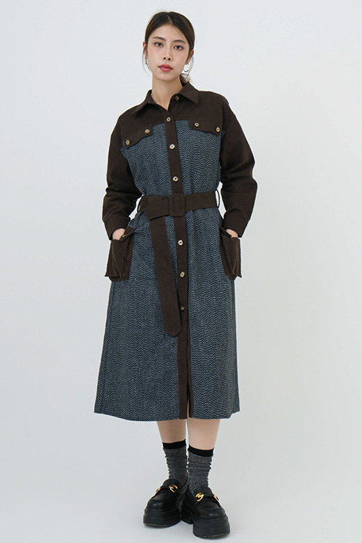 暗格紋斜拼混色薄tweed連身裙外套 ($現貨款式）